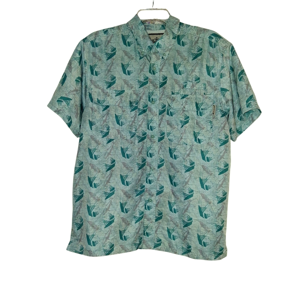 Men's Teal Sailboat Pattern Casual Short Sleeve Button Up Shirt L